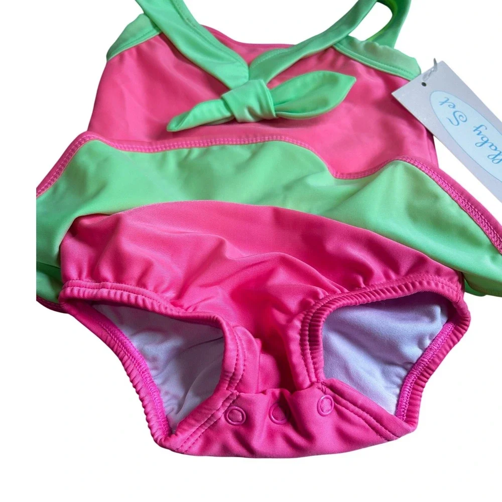 Lullaby Set Baby‎ Girls Pink Lime Green Skirted One Piece Swimsuit Snap Bot 12M